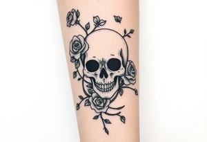 gothic skull intertwined with climbing roses and thorny vines tattoo idea