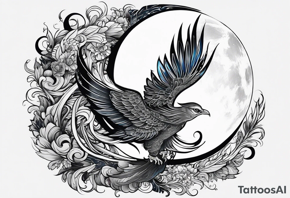 phoenix sur une lune bleu tattoo idea