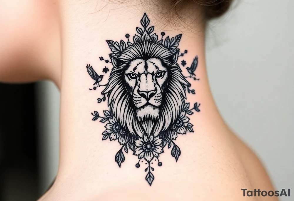 powerful majestic lion with a crown, surrounded by floral ornaments and birds tattoo idea
