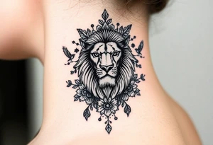 powerful majestic lion with a crown, surrounded by floral ornaments and birds tattoo idea