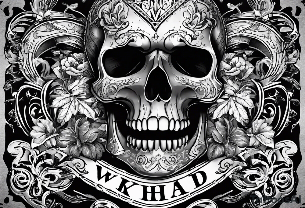 I want a tattoo with a skull design containing the letters "work hard, play hard". tattoo idea