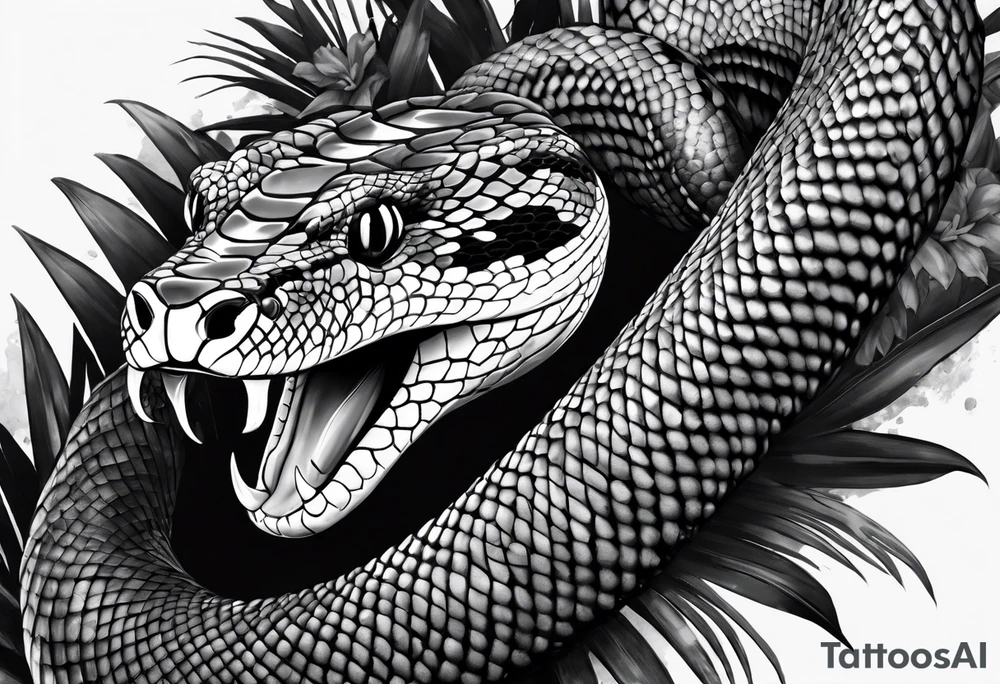 Black and grey realism with a western diamondback snake rainforest background for a forearm sleeve. Create the snake to have aggressive features, coiled and mouth open showing fangs tattoo idea