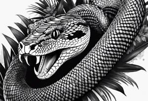 Black and grey realism with a western diamondback snake rainforest background for a forearm sleeve. Create the snake to have aggressive features, coiled and mouth open showing fangs tattoo idea