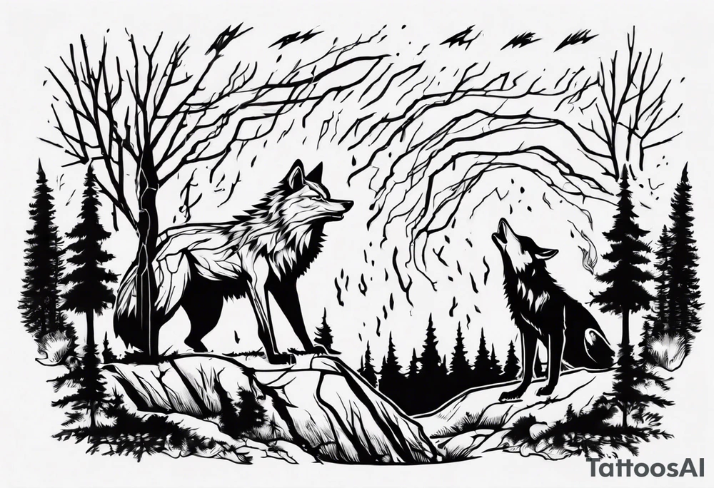 lightning storm over a forest with a distant wolf howling, including drums tattoo idea lightning storm over a forest with a distant wolf howling, including drums tattoo idea