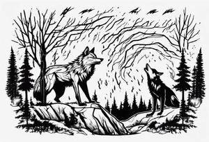 lightning storm over a forest with a distant wolf howling, including drums tattoo idea