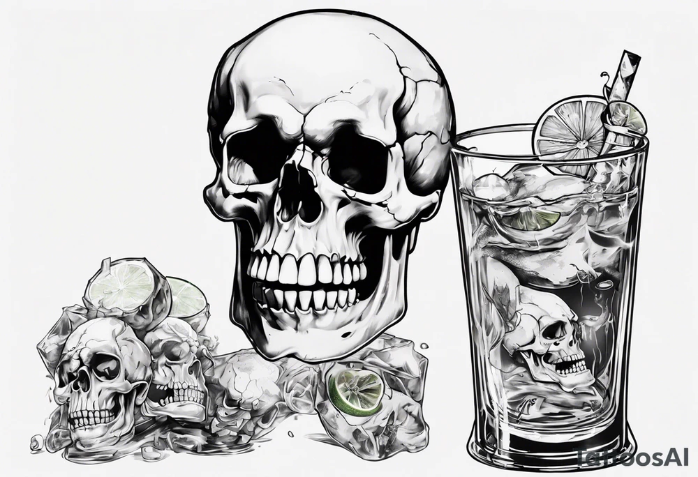 A happy, looking to the left scull inside the glass with alcohol and piece of lime tattoo idea