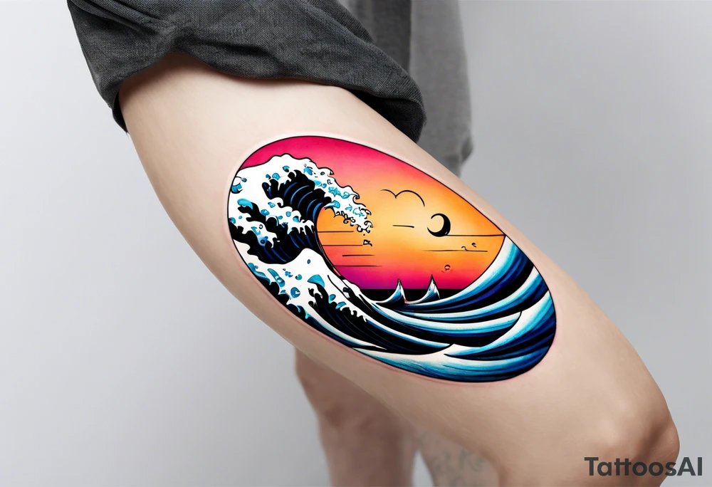 wave  "come what may" written underneath in cursive outside forearm not an oval tattoo idea