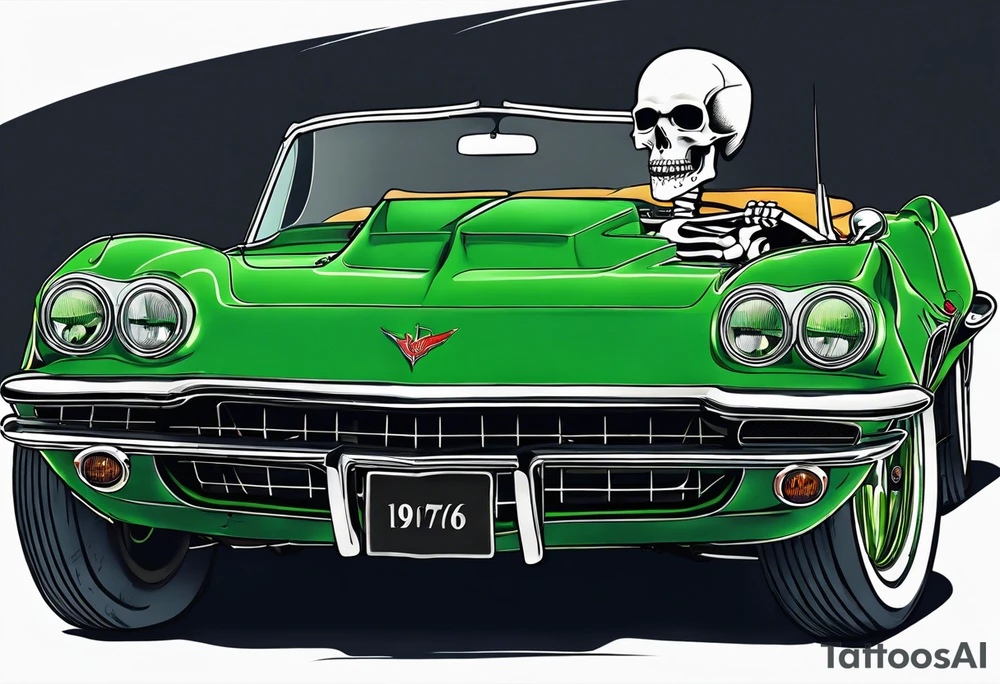 Skeleton smoking a cigarette driving a green 1976 convertible Corvette tattoo idea