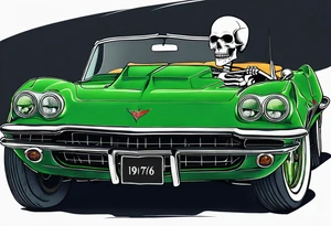 Skeleton smoking a cigarette driving a green 1976 convertible Corvette tattoo idea