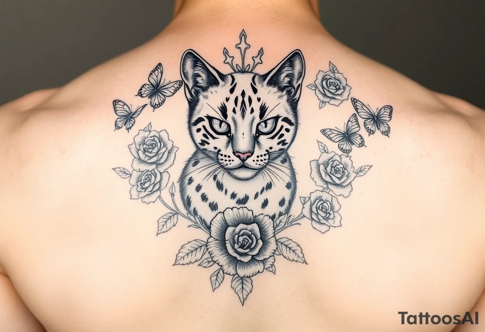 Elegant Burmese feline surrounded by rose ornaments and butterflies tattoo idea