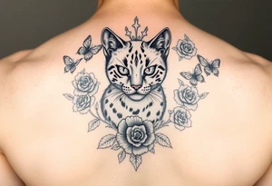 Elegant Burmese feline surrounded by rose ornaments and butterflies tattoo idea