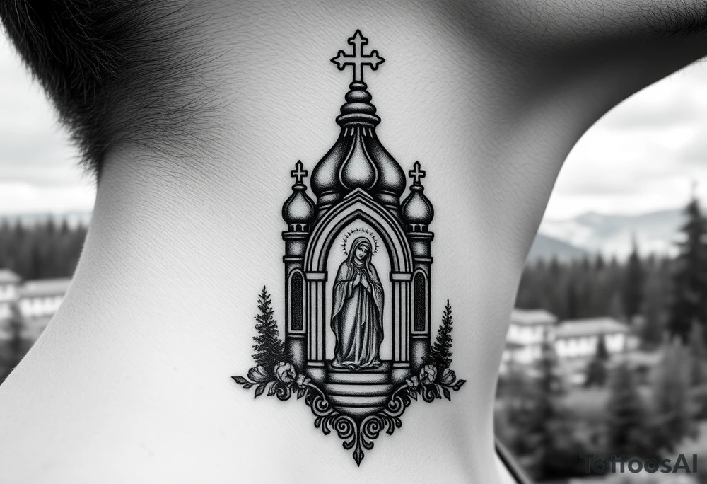 russian coat arms traditional christian orthodox cross with a virgin mary stood in the entrance of a russian orthodox dome church on the side of the neck in a wilderness setting tattoo idea