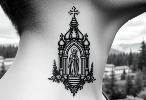 russian coat arms traditional christian orthodox cross with a virgin mary stood in the entrance of a russian orthodox dome church on the side of the neck in a wilderness setting tattoo idea