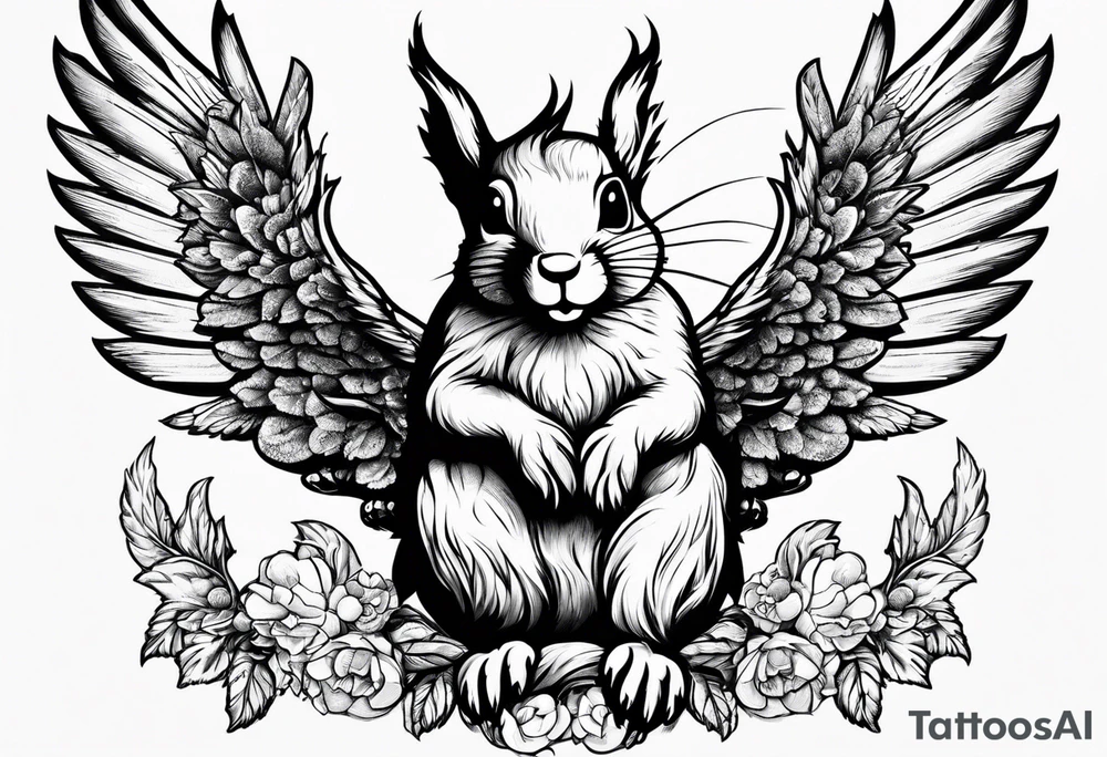 Squirrel with angel wings holding a nut tattoo idea