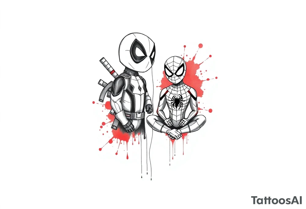 A vertical stacked tattoo design for a half-sleeve on a white background. At the top is a chibi Deadpool character in a bold ink sketch style. At the bottom is a chibi Spider-Man character sitting cross-legged in a loose pencil sketchbook style. High contrast black and grey shading. The two characters are connected by loose, energetic sketch lines and a thin spiderweb thread hanging between them. Dramatic, stylized splashes of bright, vibrant watercolor red ink splatter bursting out around both characters' suits, bleeding into the negative space. Tattoo flash sheet style, crisp linework. tattoo idea