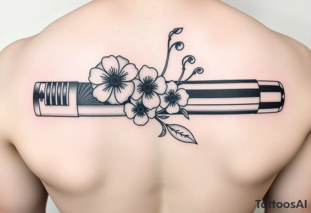 Star Wars Lightsaber handle with a daisy, morning glory, and lily of the valley in it tattoo idea