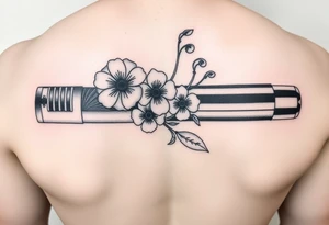 Star Wars Lightsaber handle with a daisy, morning glory, and lily of the valley in it tattoo idea