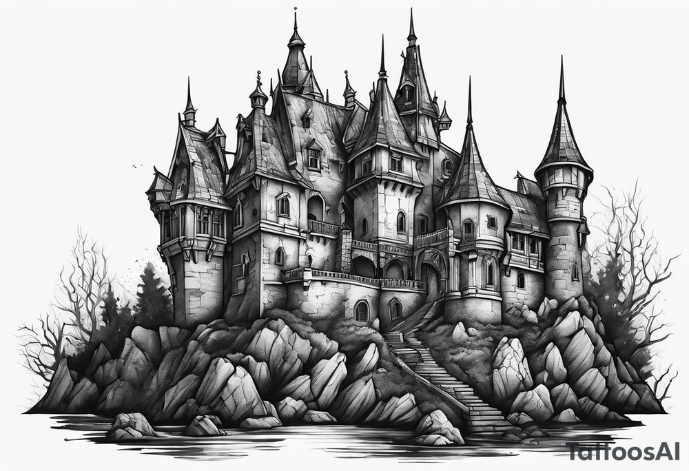 Scary rotting haunted castle tattoo idea