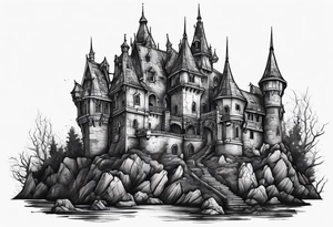 Scary rotting haunted castle tattoo idea