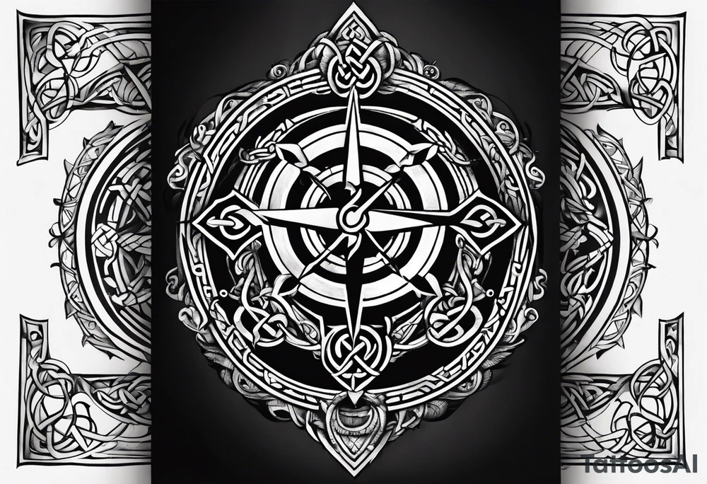 Celtic styling, anchor, compass, bass clef note, treble clef note, dog paw print, half sleeve, forearm tattoo idea