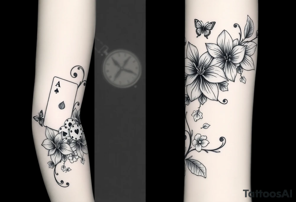 Casino only theme , poker chips deck of cards dice a pocket watch
 with lily flowers
 with raindrop swirls and butterfly’s tattoo idea