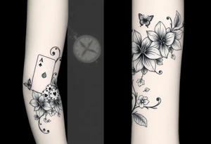 Casino only theme , poker chips deck of cards dice a pocket watch
 with lily flowers
 with raindrop swirls and butterfly’s tattoo idea