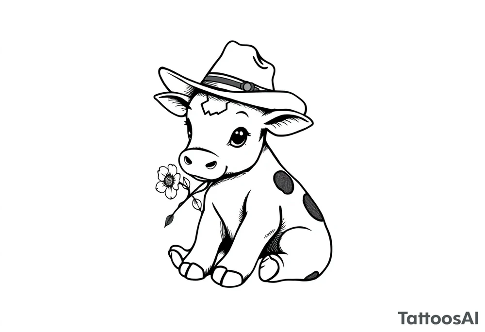 cute black and white baby cow sitting wearing a cowboy hat with a flower in mouth tattoo idea