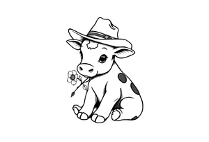 cute black and white baby cow sitting wearing a cowboy hat with a flower in mouth tattoo idea