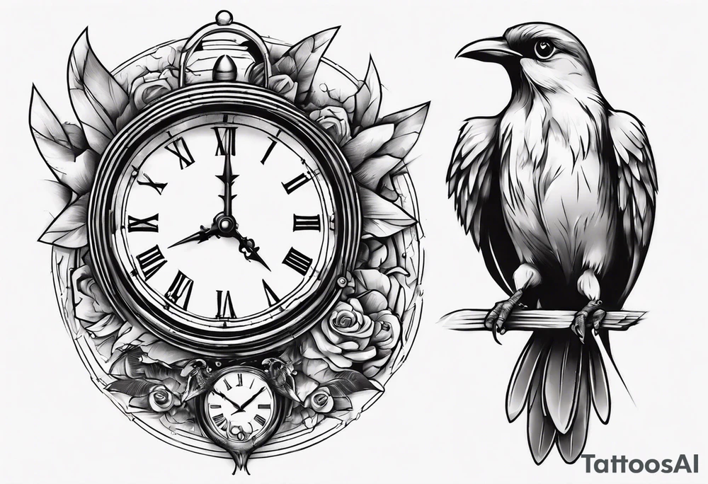 clock breaks into birds tattoo idea