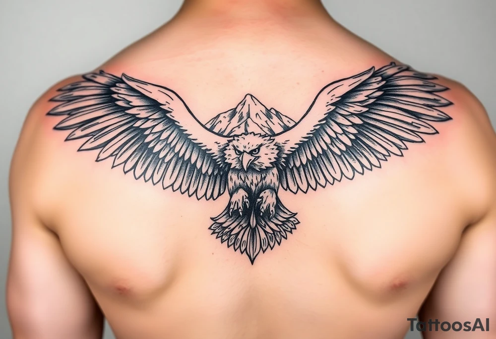 majestic eagle spreading wings against mountain peaks tattoo idea