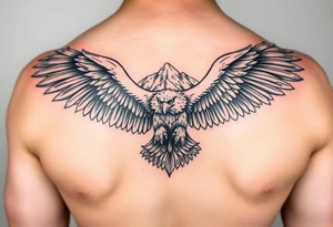 majestic eagle spreading wings against mountain peaks tattoo idea