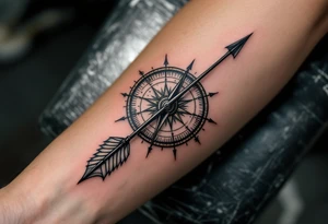 Rustic half compass half clock with a long native American arrow pointing at my wrist with the words “True North” and says "Isaiah 40:31" tattoo idea