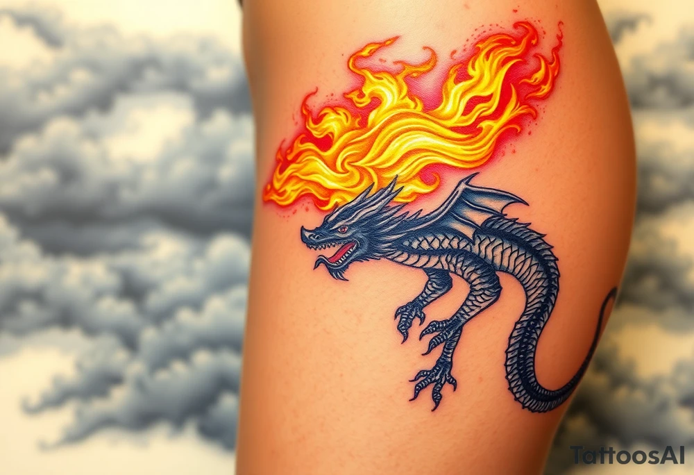 fierce dragon breathing iridescent fire against stormy skies tattoo idea