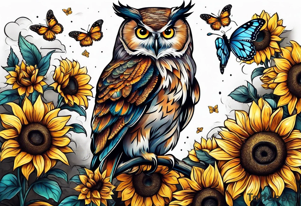 Owl surrounded with sunflowers and one butterfly tattoo idea