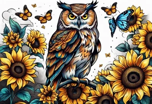 Owl surrounded with sunflowers and one butterfly tattoo idea