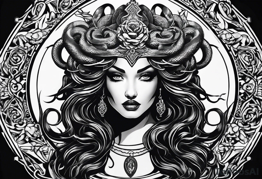 Gothic Medusa snakes lady head blackwork tattoo idea