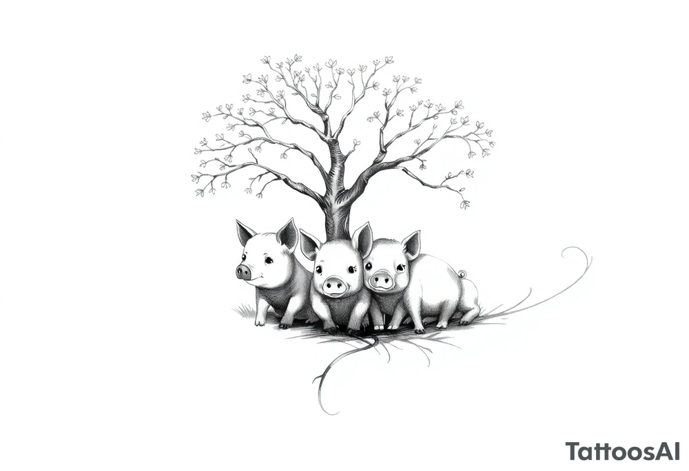 3 little piggy's hiding under a a tree tattoo idea