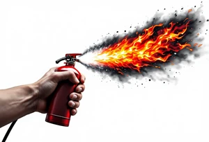 A fire extinguisher spraying a burst of flames, creating a contrast of cool white mist and blazing reds and oranges. tattoo idea