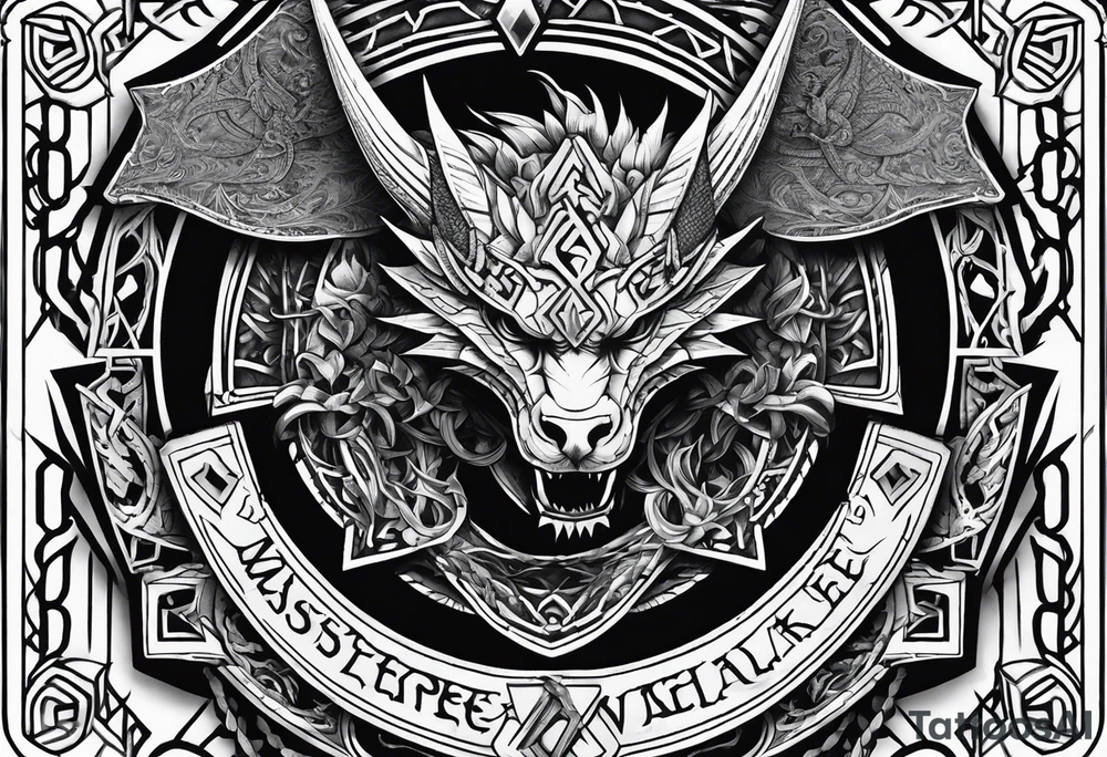 Valhalla sword shield dragon axe Valknut barbed wire chains tattoo idea