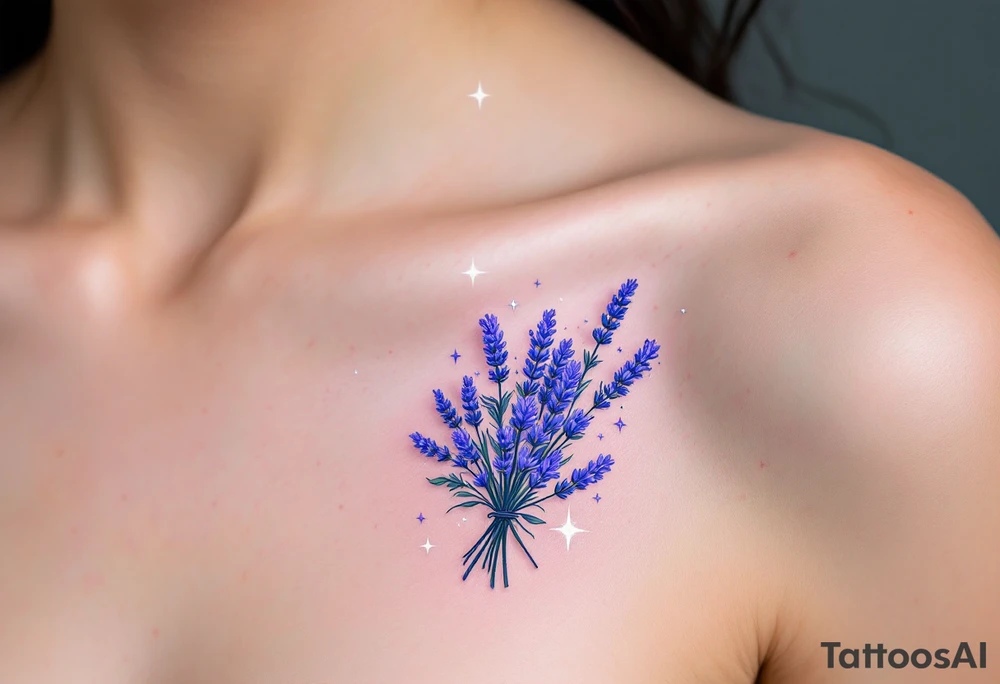 A lavender bouquet floating in a starry sky, in shades of blue, violet, and silver. tattoo idea