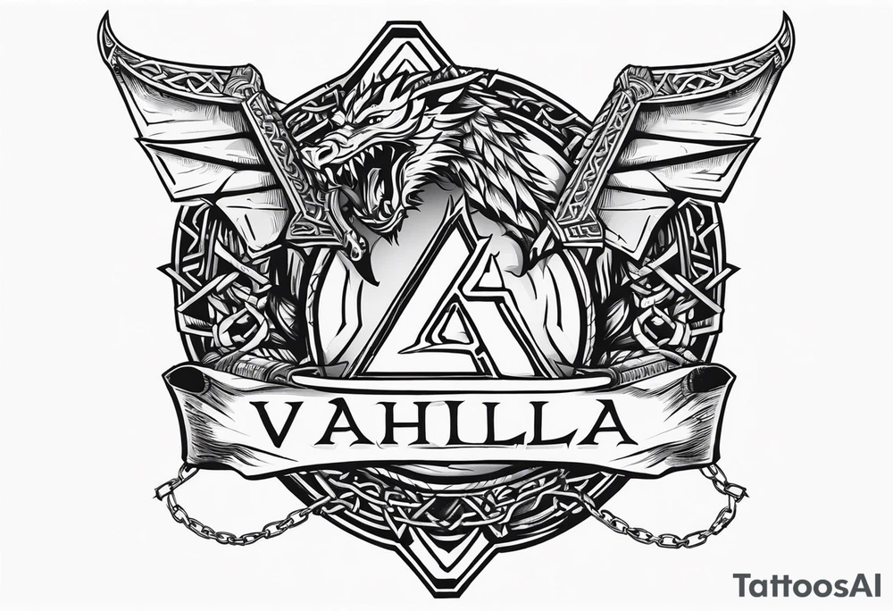 Valhalla sword shield dragon axe Valknut barbed wire chains tattoo idea Valhalla sword shield dragon axe Valknut barbed wire chains tattoo idea