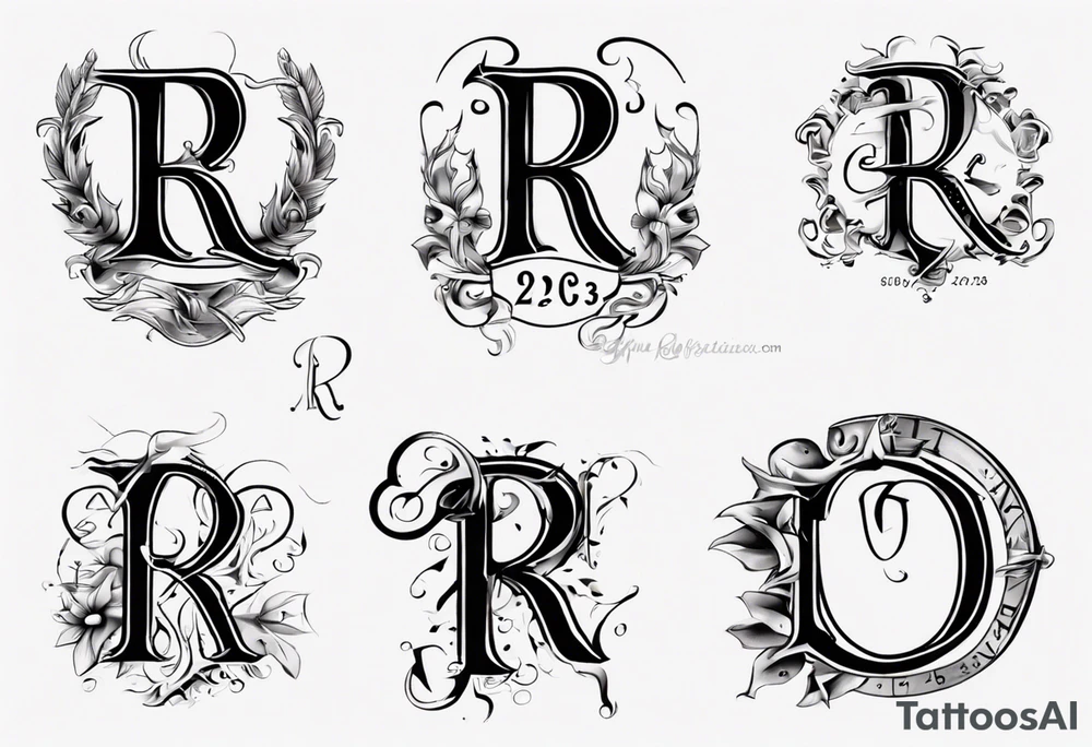 Letter R with date 09.01.23 and time 10:39AM tattoo idea