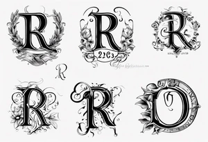 Letter R with date 09.01.23 and time 10:39AM tattoo idea