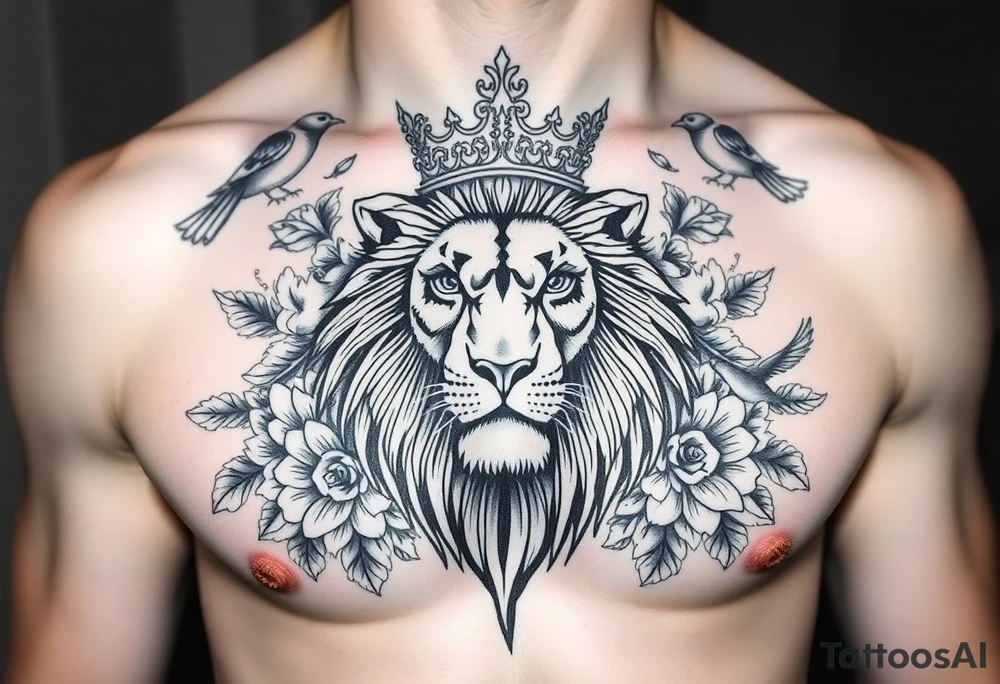 powerful majestic lion with a crown, surrounded by floral ornaments and birds tattoo idea