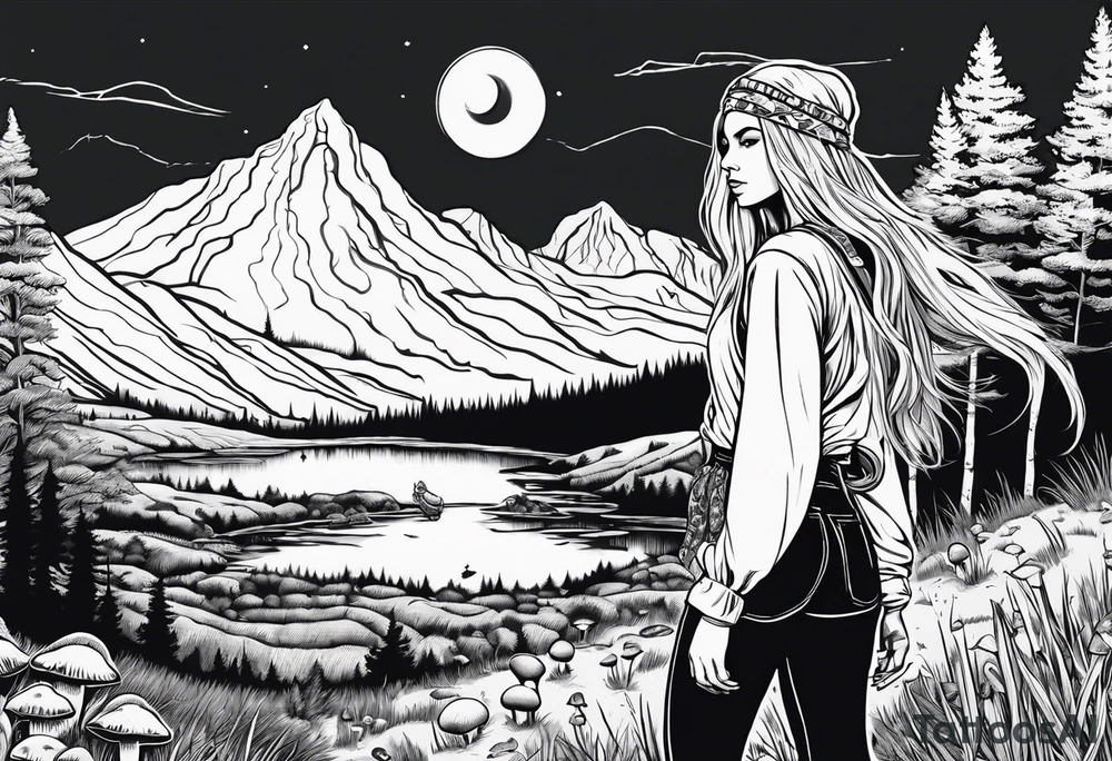 Whole picture encircled fully

Straight long blonde hair hippie girl in distance holding mushrooms in hand facing away toward mountains and creek surrounded by mushrooms long sleeve shirt and hiking pants; whole rendering within a full circle, no cut off circle tattoo idea
