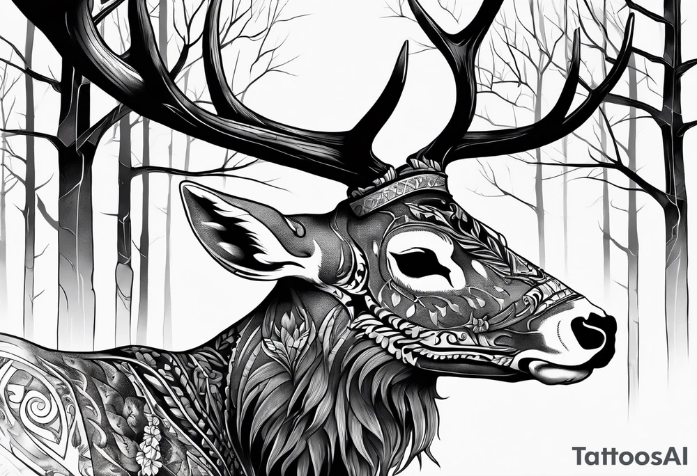 A side view of a dead deer skull surrounded by trees and fire tattoo idea