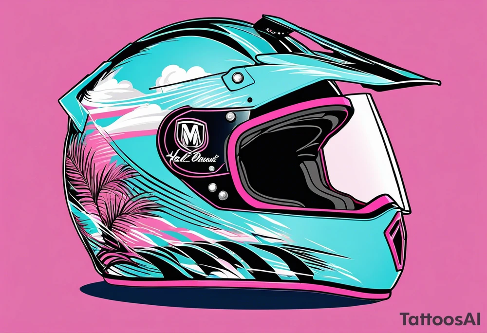 Formula 1 helment with the Miami name a palm tree and light blue black and pink colors 3/4 view tattoo idea