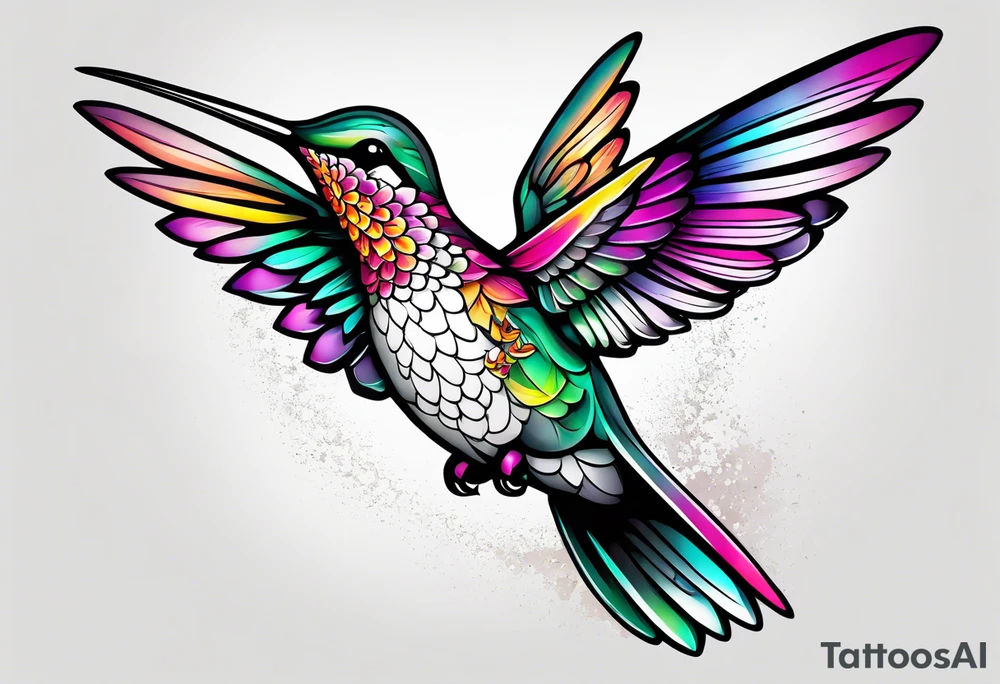 Hummingbird with a plumeria masculine style colorful tattoo idea