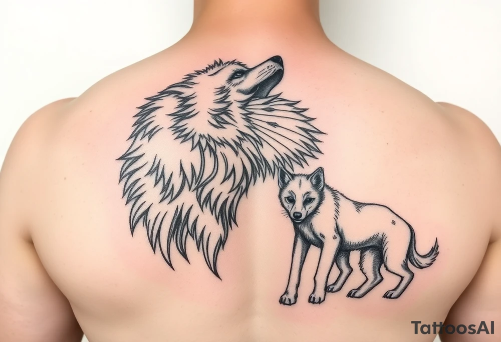 A solitary yet sublime and noble wolf and its progeny. tattoo idea