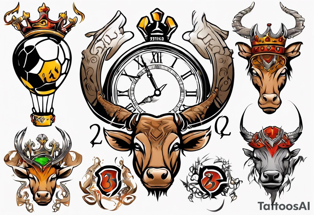 Ballon de foot avec le numéro23 ,  une horloge avec une couronne,  le tout avec au fond un taureau tattoo idea